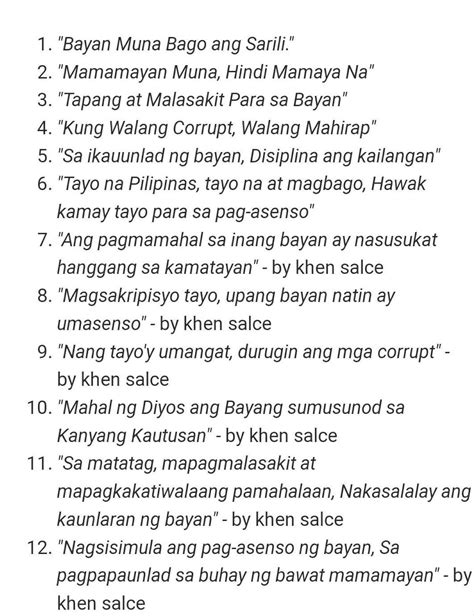 slogan tungkol sa pagmamahal sa bayan brainly|Sumulat ng slogan tungkol sa pagmamahal sa bayan .